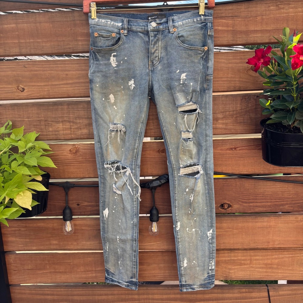Purple Brand P001 Jeans Mens 29 Blue Distressed Paint Splatter Good Skinny Fit